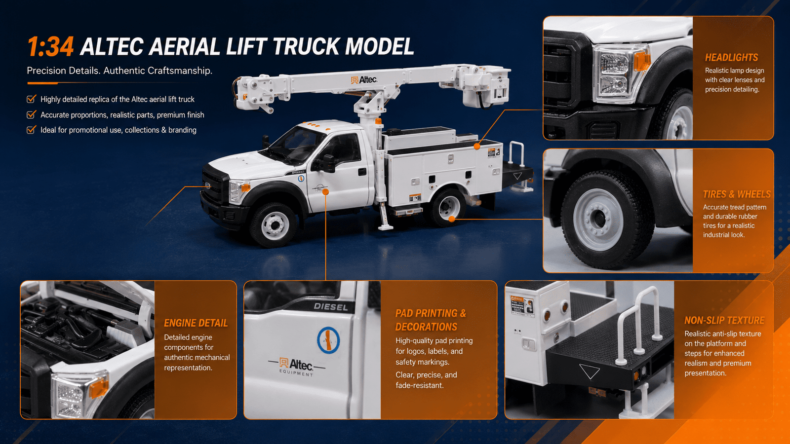 Altec aerial lift truck model details lights tires engine pad printing