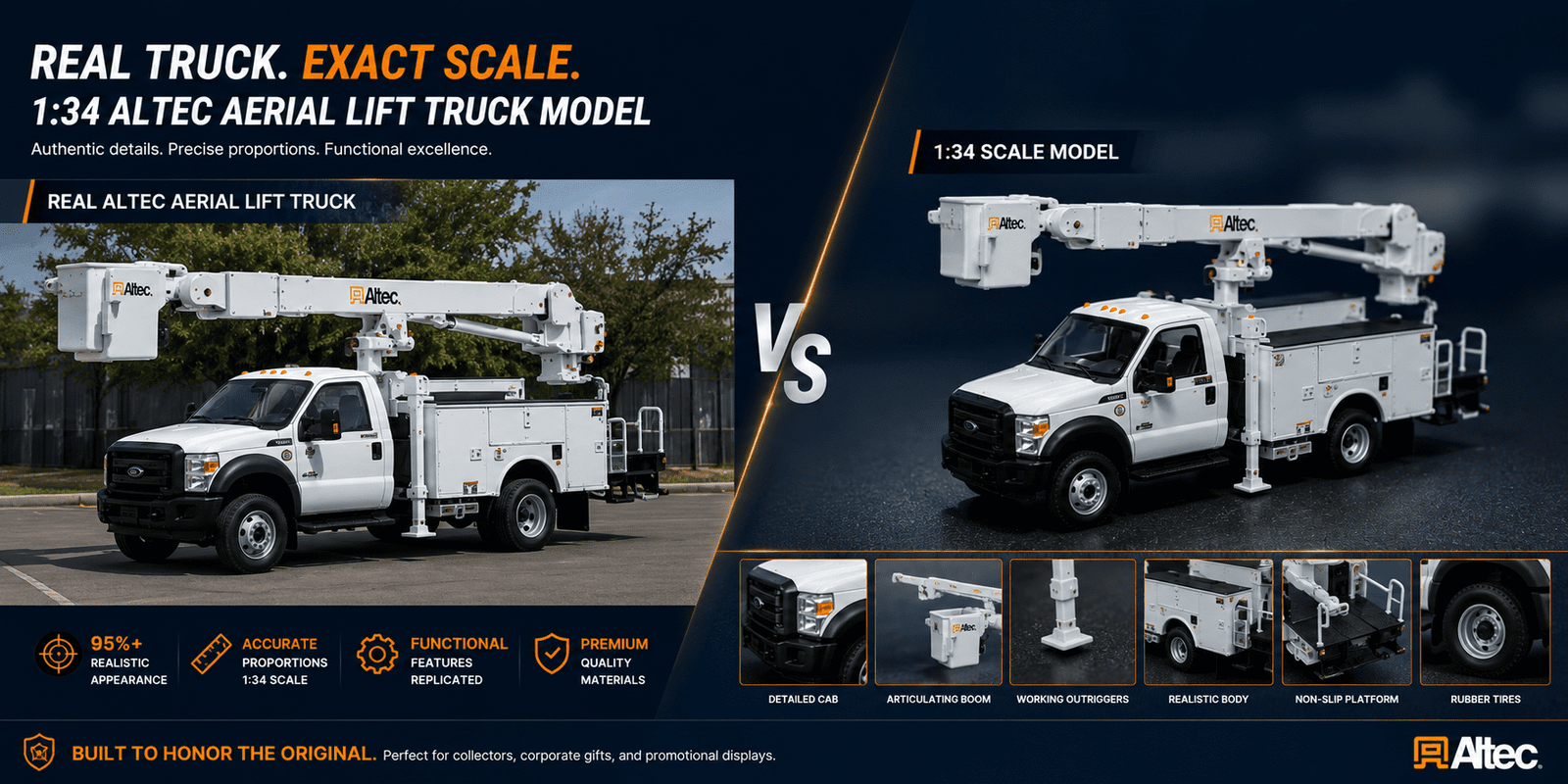 real Altec aerial lift truck vs 1:34 scale model comparison