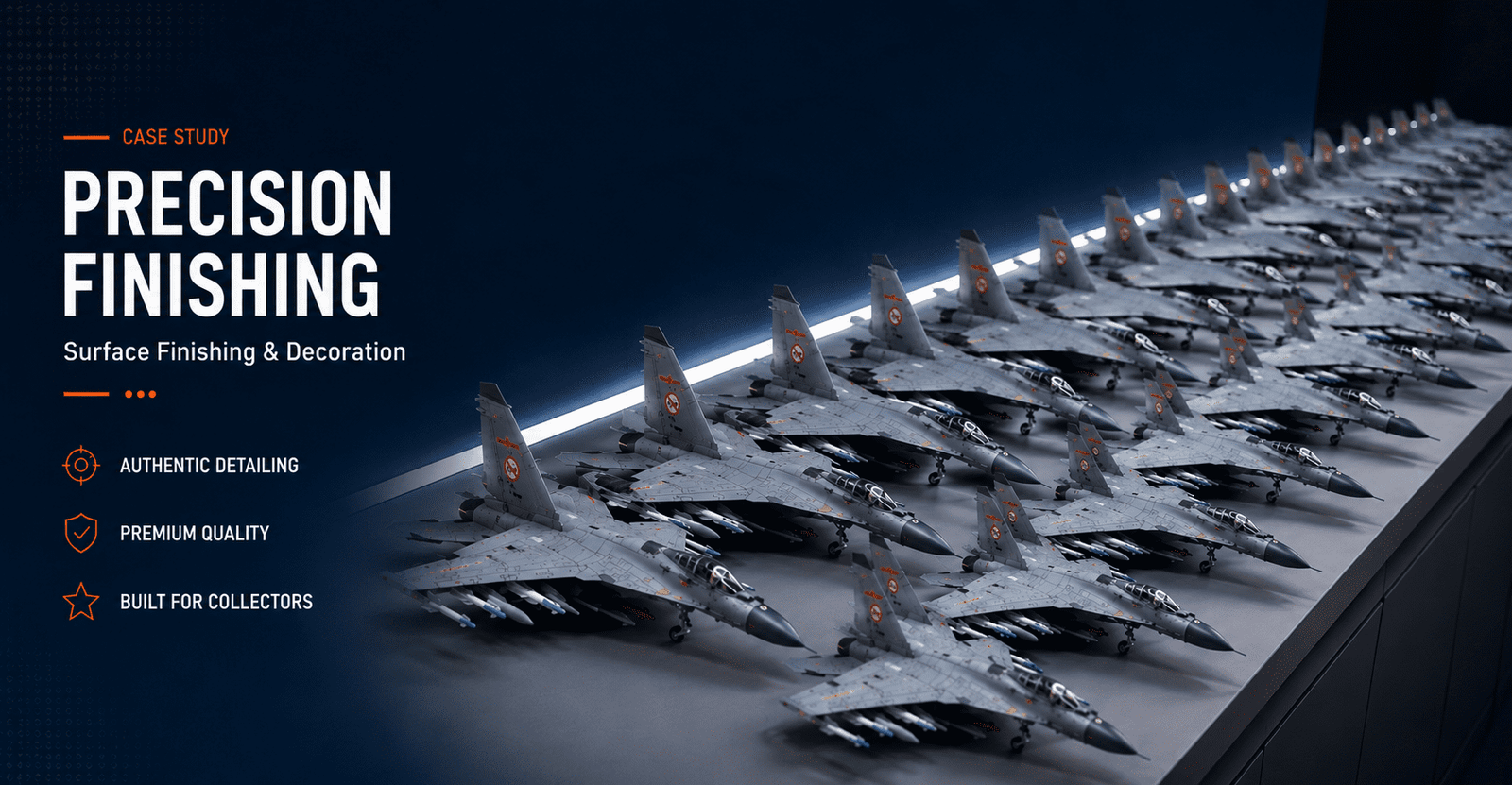1:48 J-15 fighter jet models displayed in a row