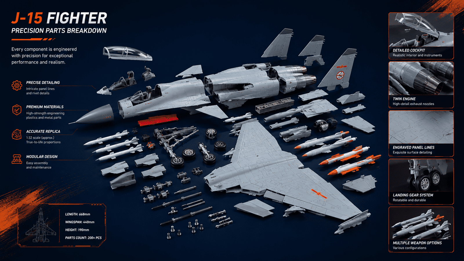 1:48 J-15 fighter jet model exploded parts display