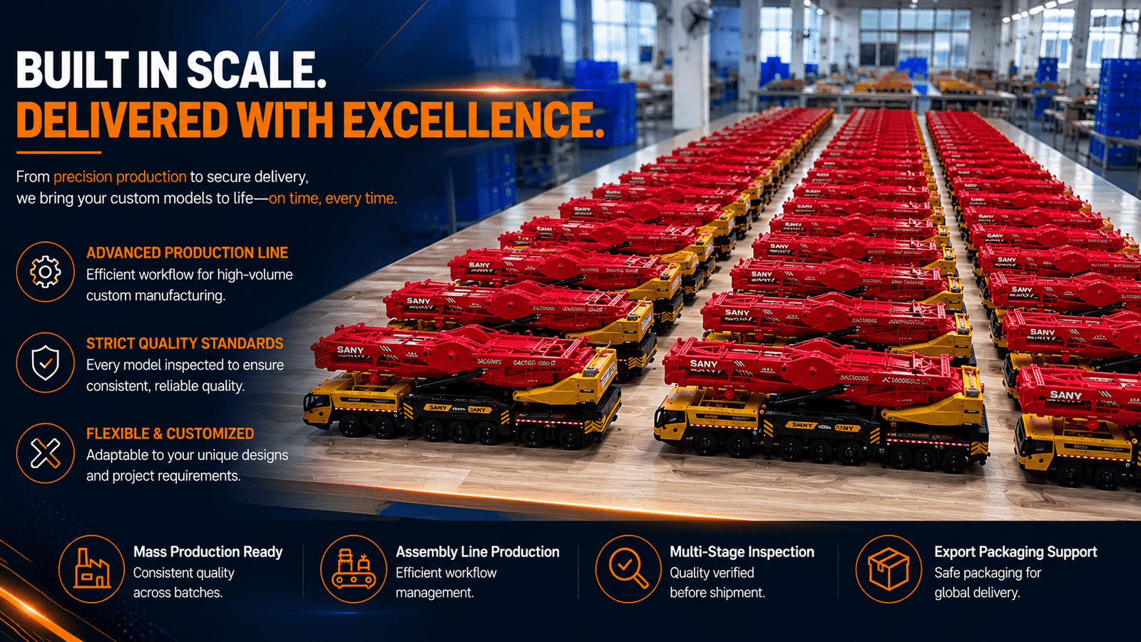 Rows of SANY SAC16000 crane models arranged in factory