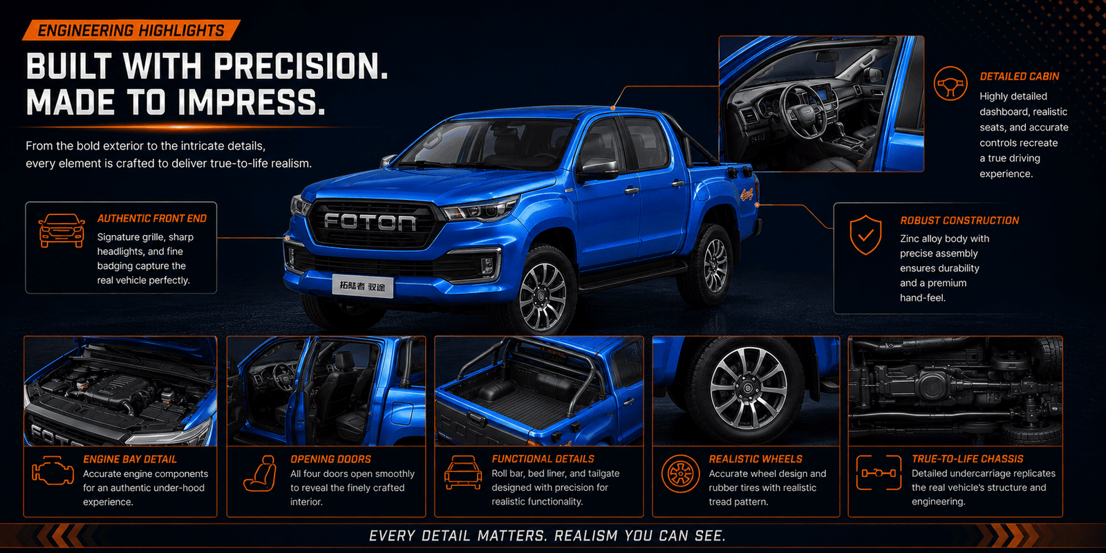 Engineering highlights of custom diecast pickup truck scale model