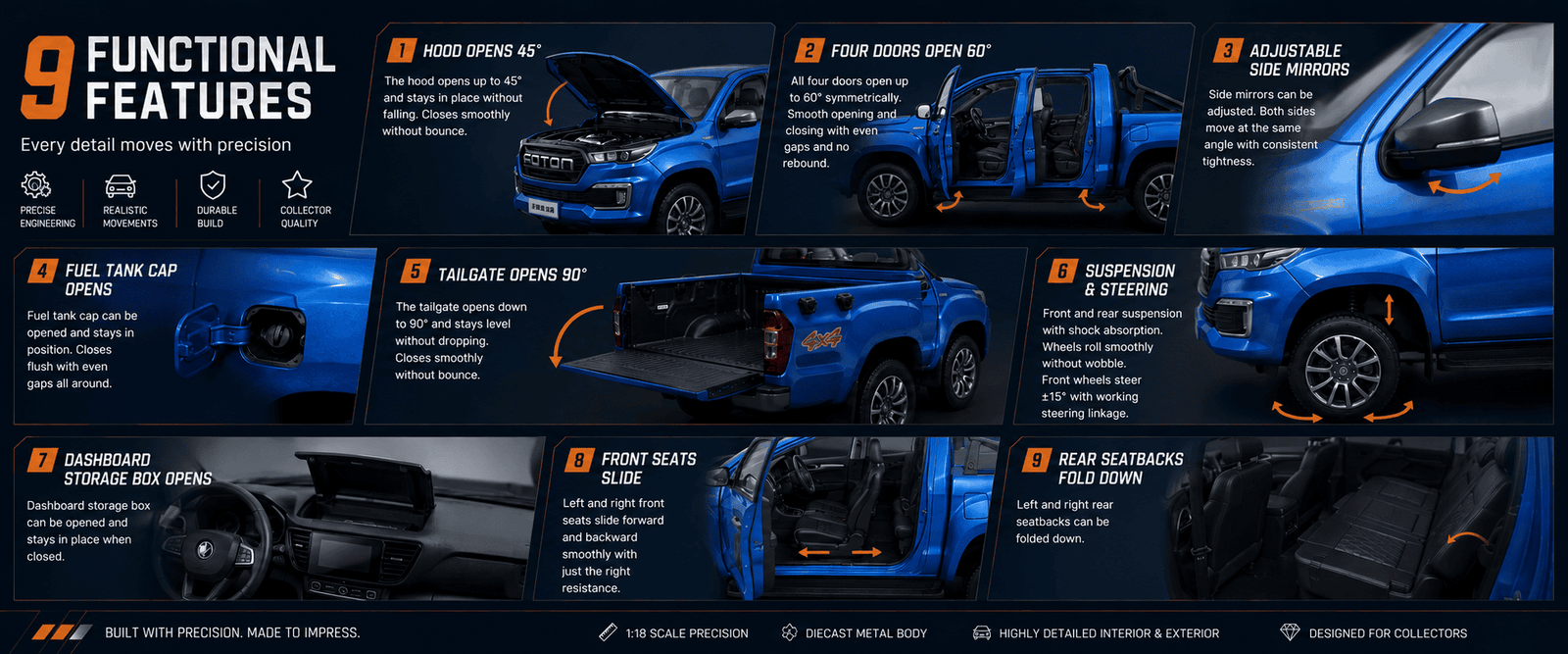 Nine functional features of 1:18 Foton Tunland Yutu Pickup Truck Model