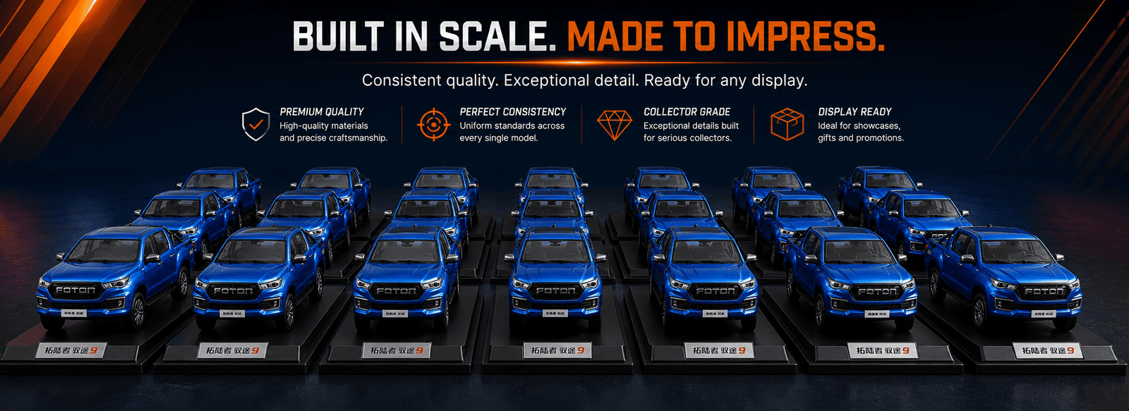 Bulk order display of 1:18 Foton Tunland Yutu pickup truck models