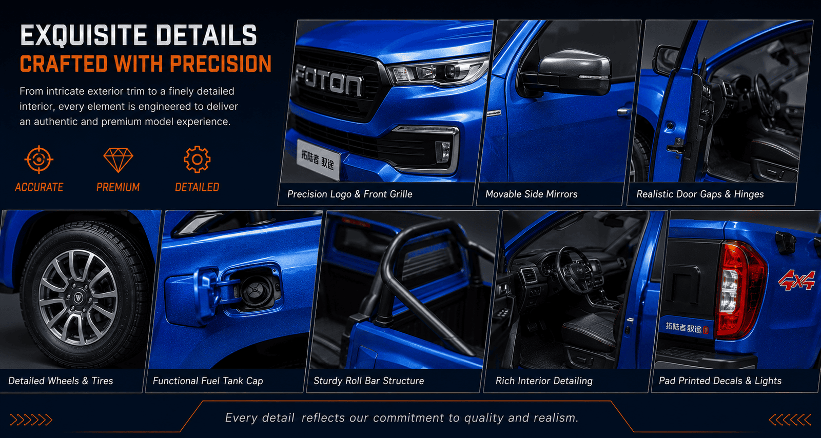 Detailed wheels doors interior trim and decoration of Foton pickup scale model