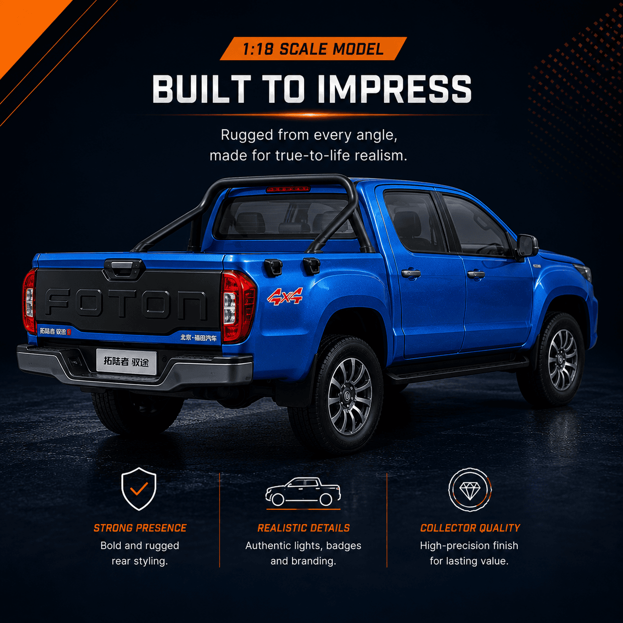 Detailed promotional display of custom Foton pickup model