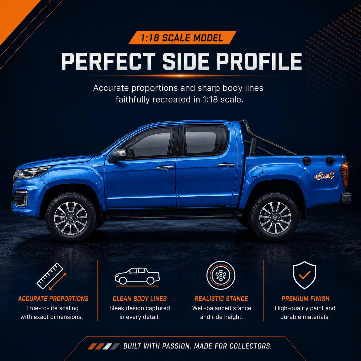 Side profile of 1:18 pickup truck scale model