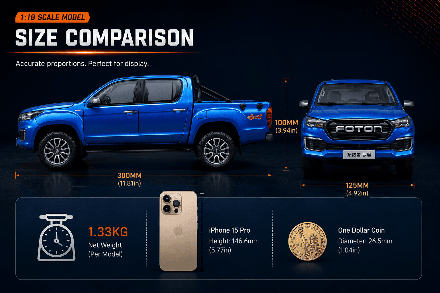 Size comparison of 1:18 Foton Tunland Yutu Pickup Truck Model