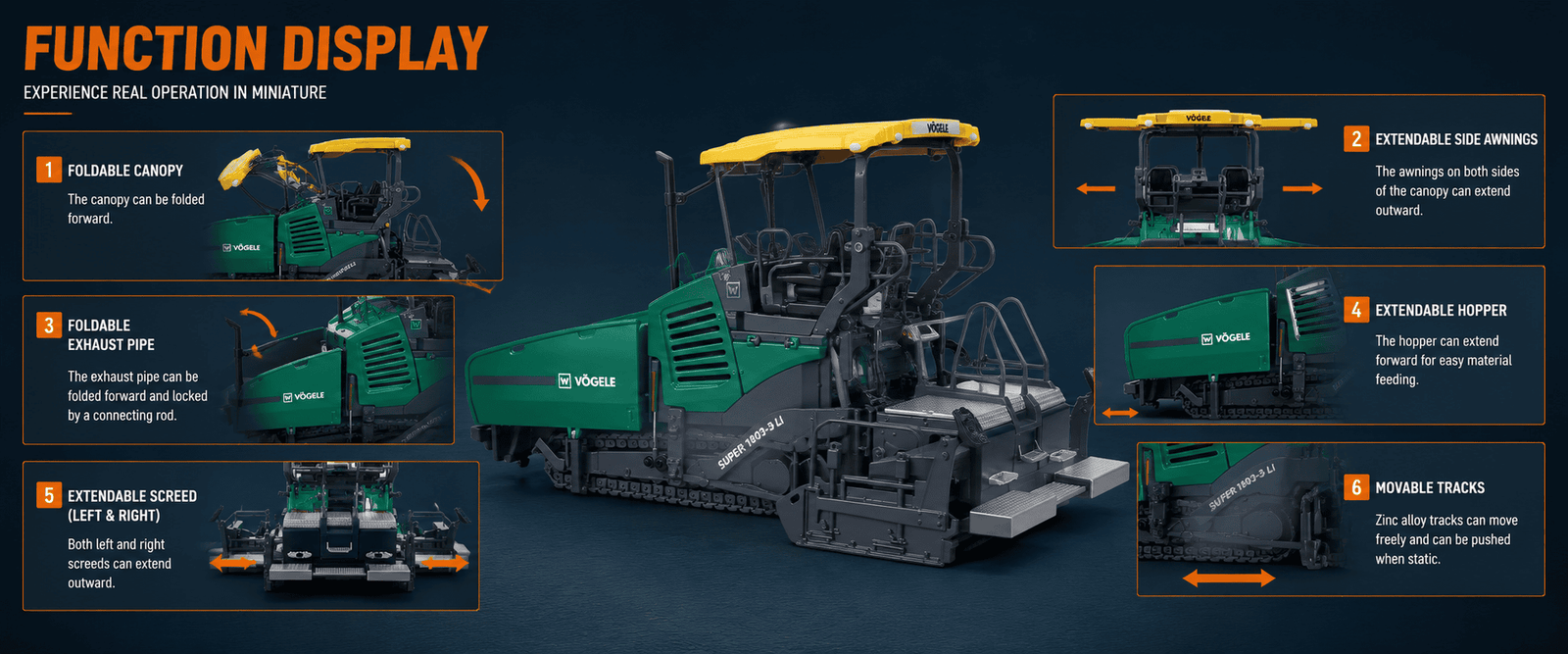 Functional features of a custom 1:35 VÖGELE asphalt paver model