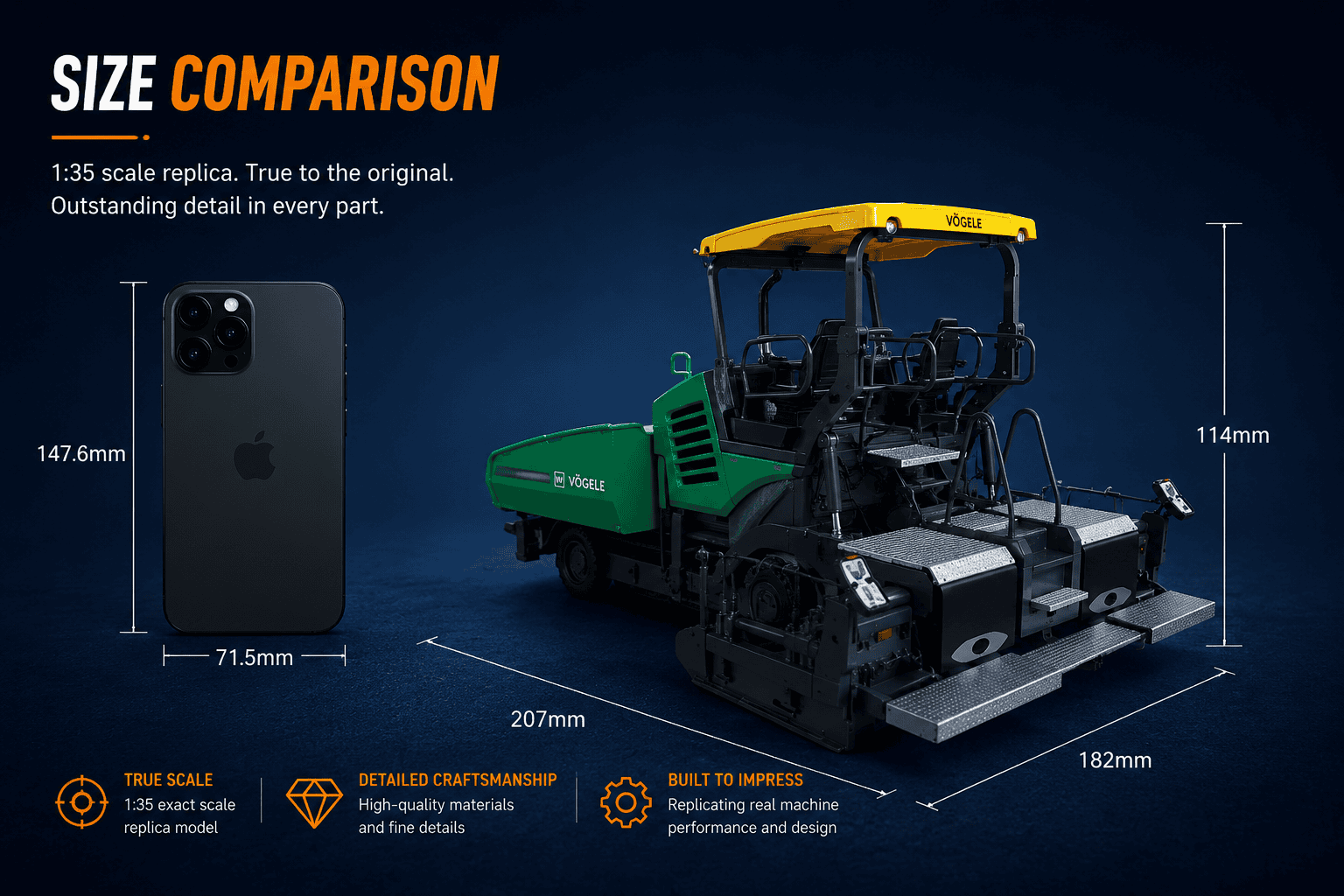 Size comparison of a 1:35 asphalt paver model measuring 207 by 182 by 114 millimeters