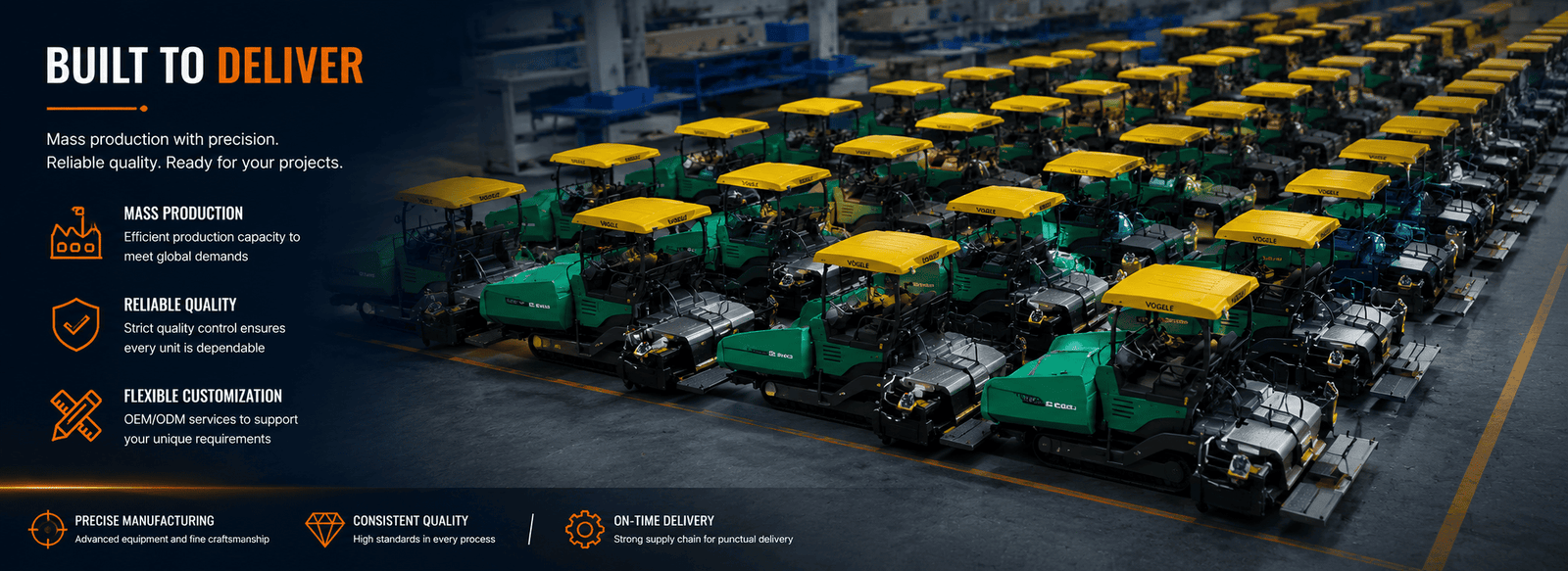 Rows of completed custom asphalt paver scale models