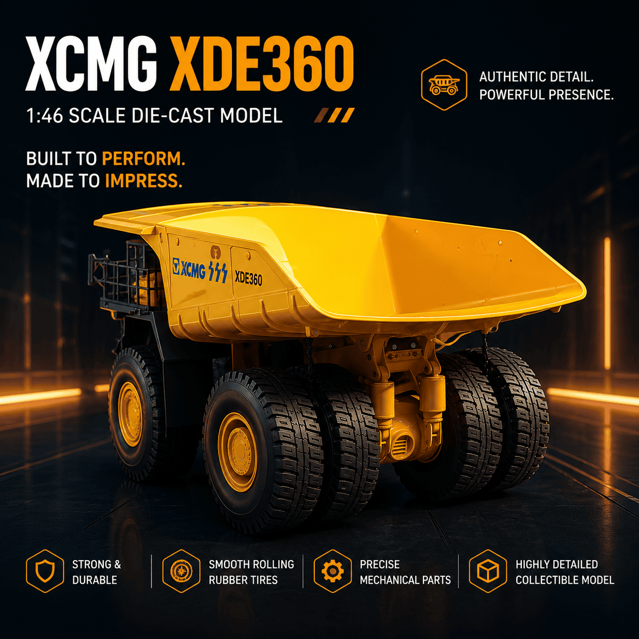 Rear view of the 1:46 XCMG XDE360 mining truck model