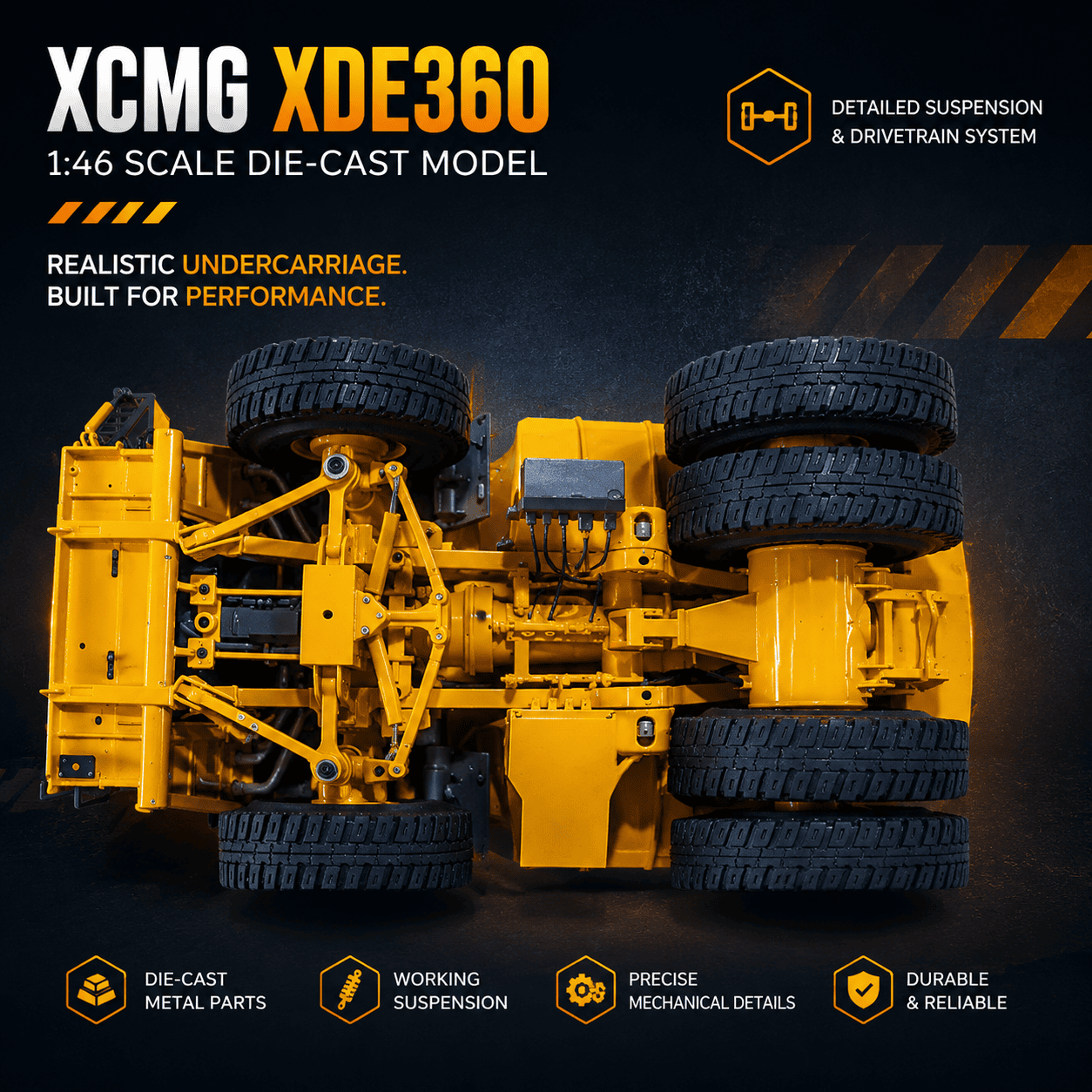 Detailed chassis of the XCMG XDE360 OEM diecast model
