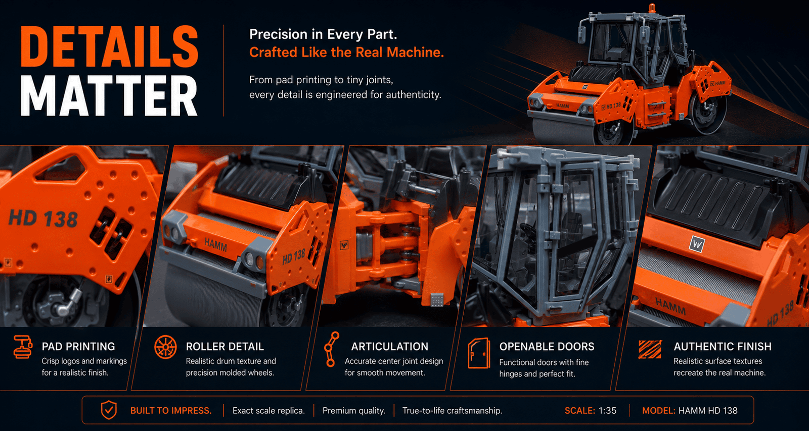 Pad printing, drum texture, cab doors and articulation details on HAMM HD138 model