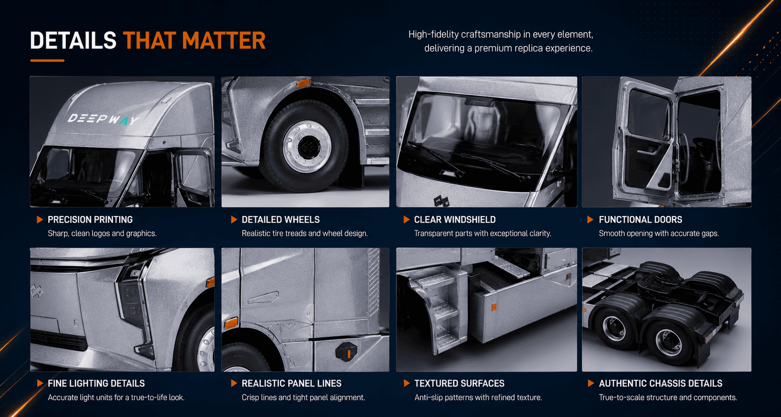 Close-up details of the Deepway truck model including printed graphics, wheels, windscreen, doors and surface textures