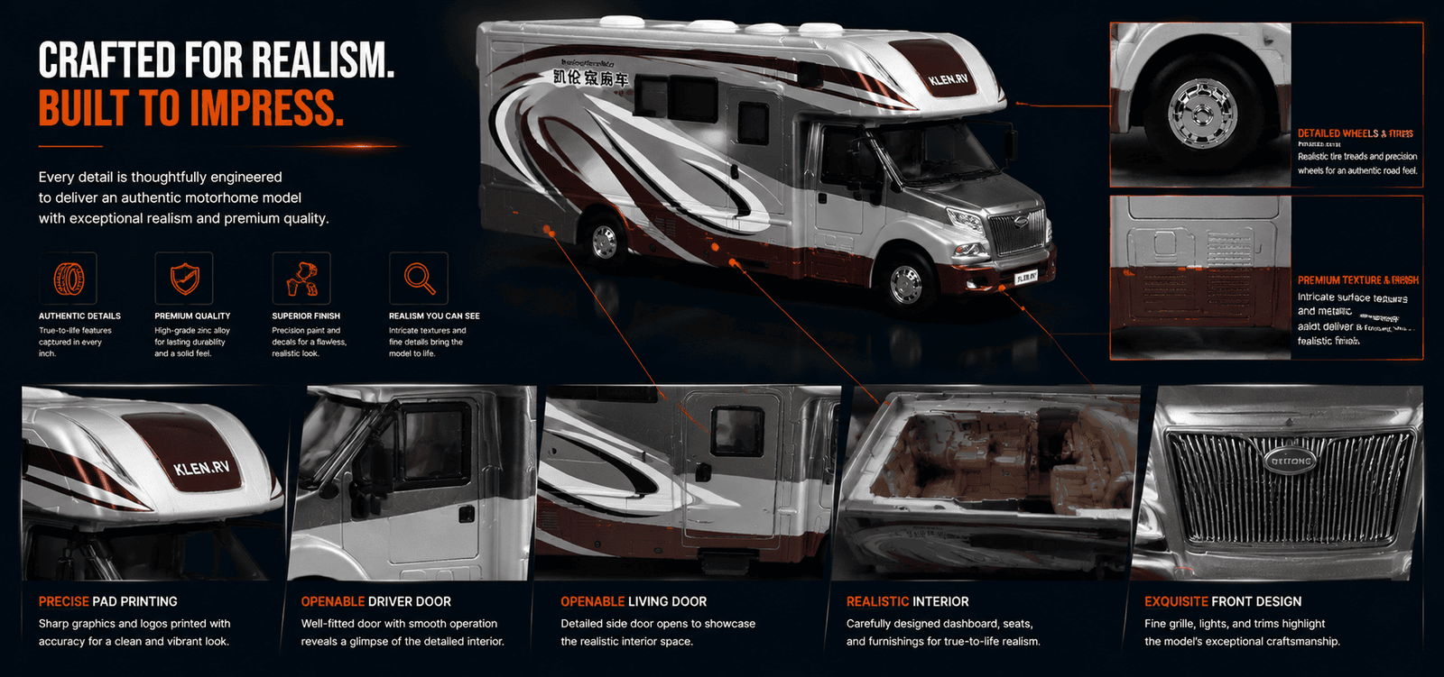 Detailed features of the Yutong ZK5180 Klen.RV luxury motorhome scale model