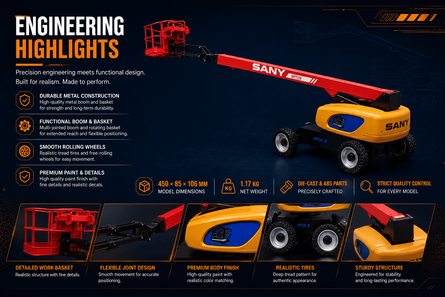 Engineering details of a custom SANY telescopic boom lift scale model