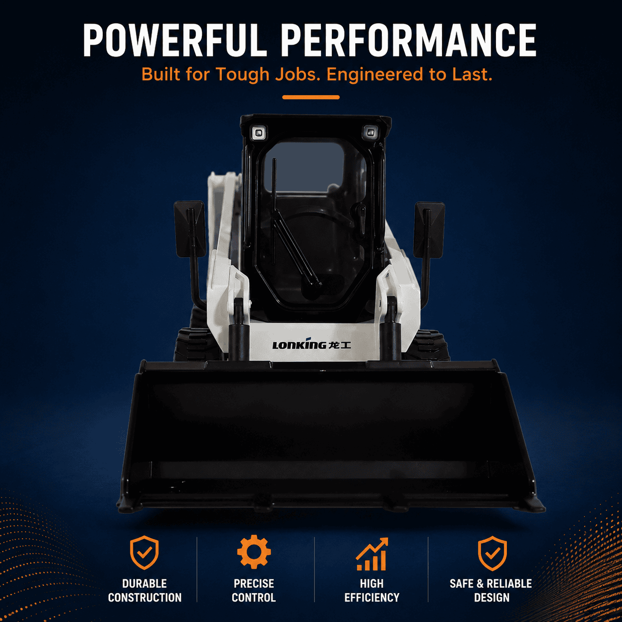 Front view of the 1:20 Lonking CDM312 skid steer loader scale model