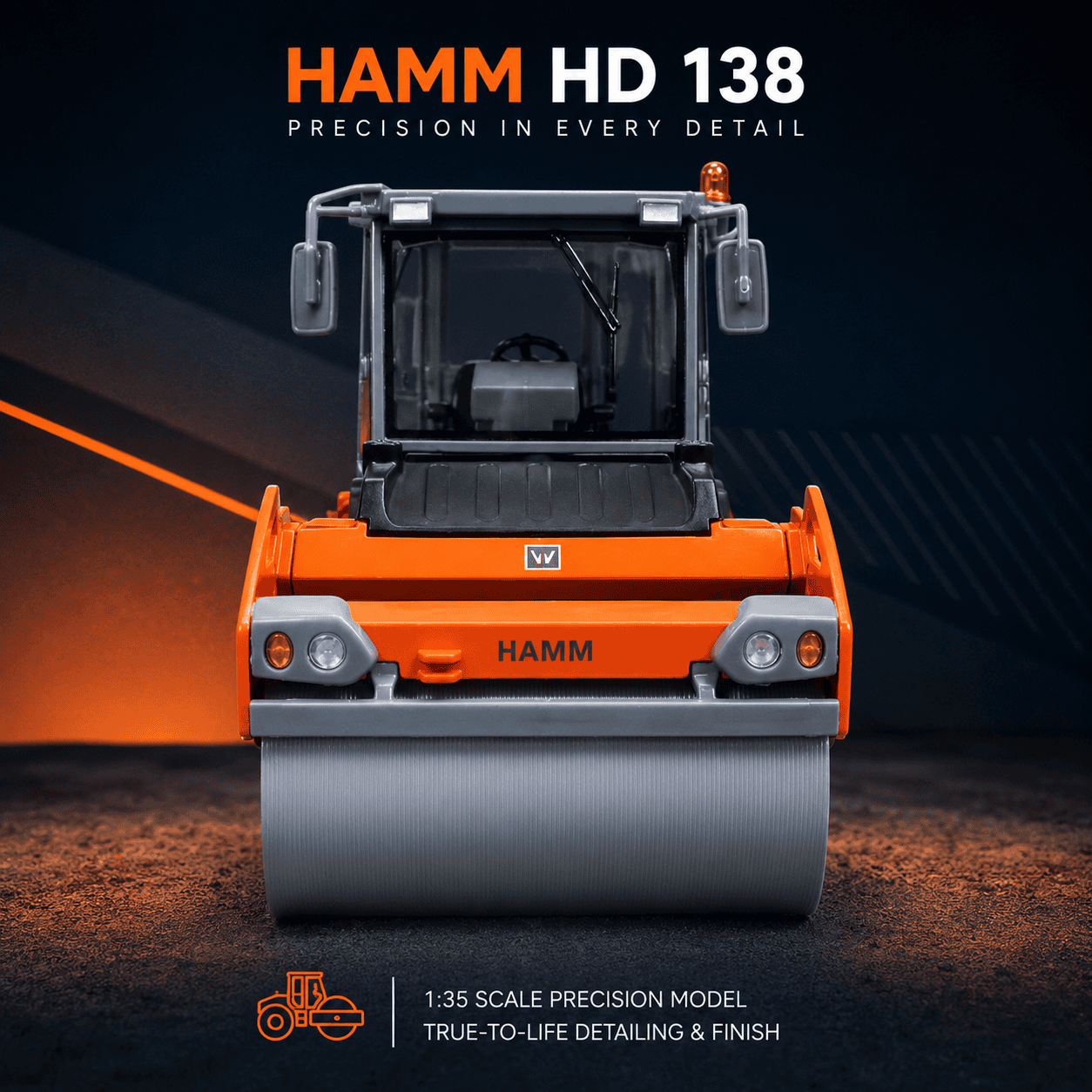 Front view of 1:35 HAMM HD138 Road Roller Model