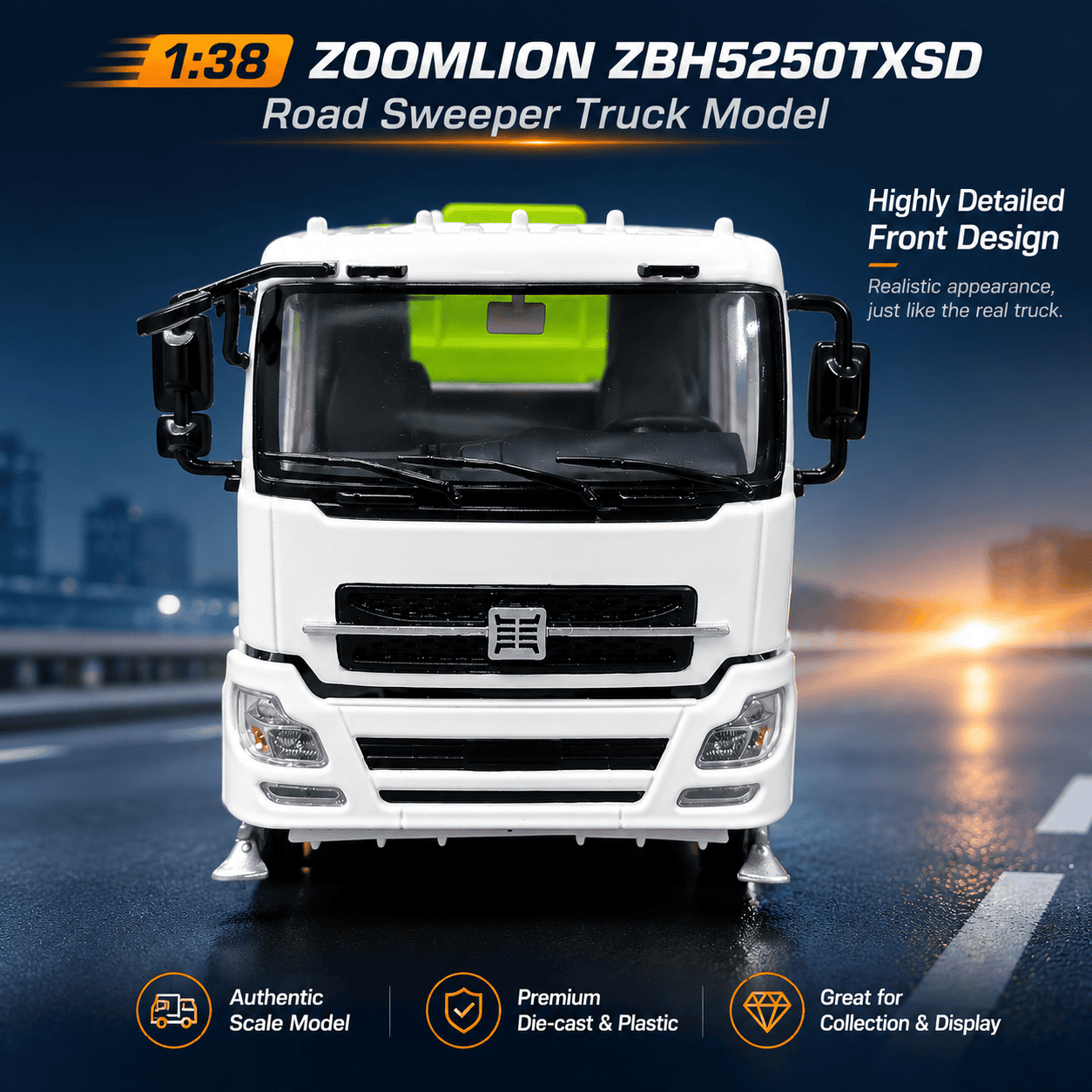 Front view of the 1:38 Zoomlion road sweeper collectible model