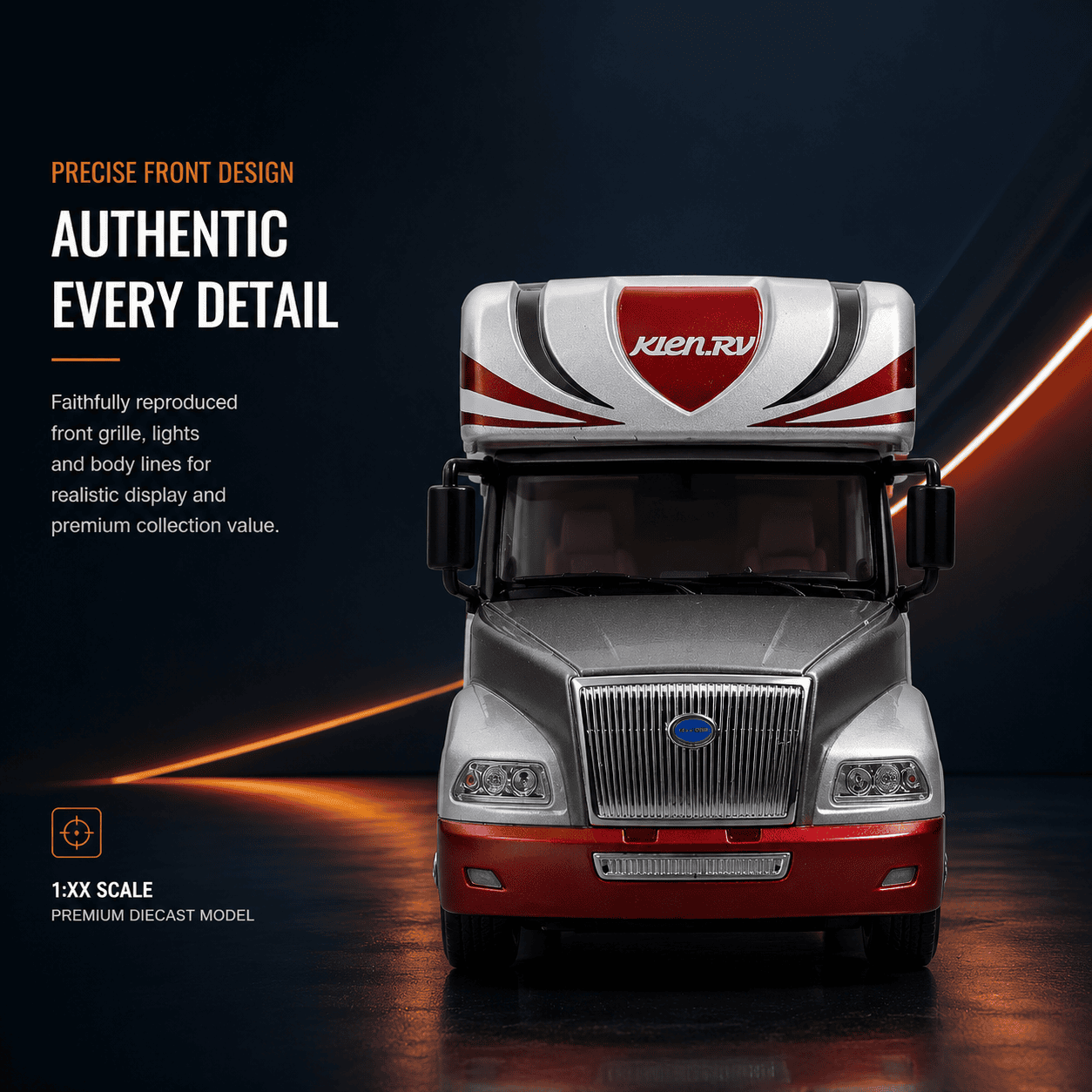 Front view of the Yutong ZK5180 luxury RV diecast scale model