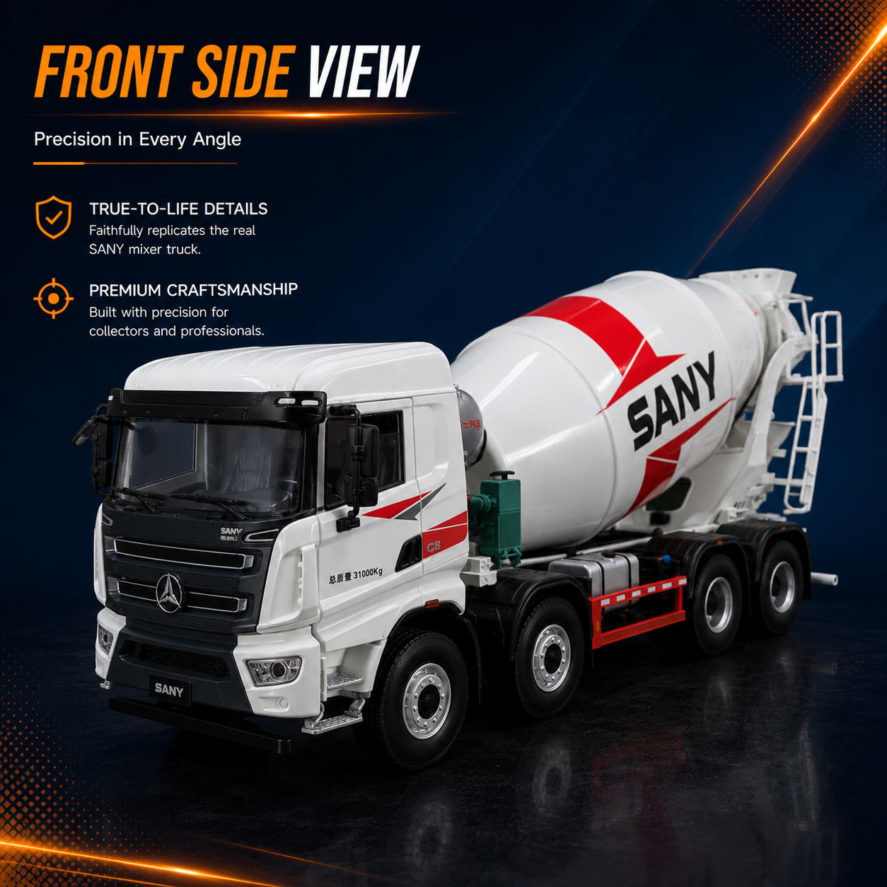 Front side view of 1:24 scale SANY concrete mixer truck model