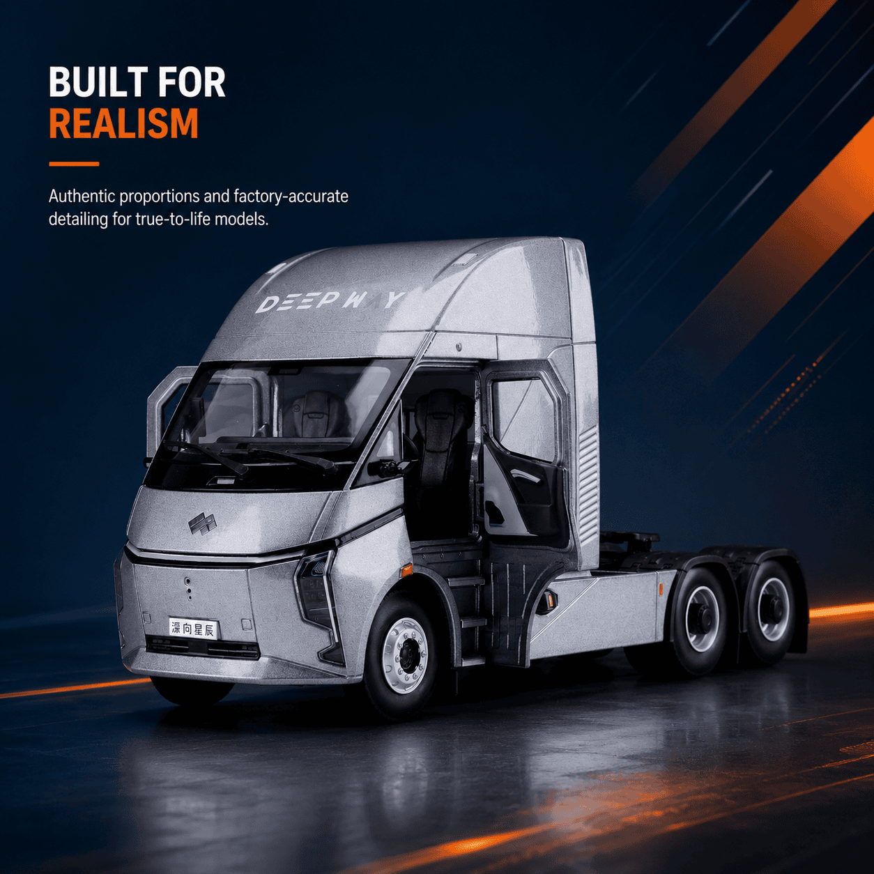 Front three-quarter view of the Deepway diecast truck model with open cab door