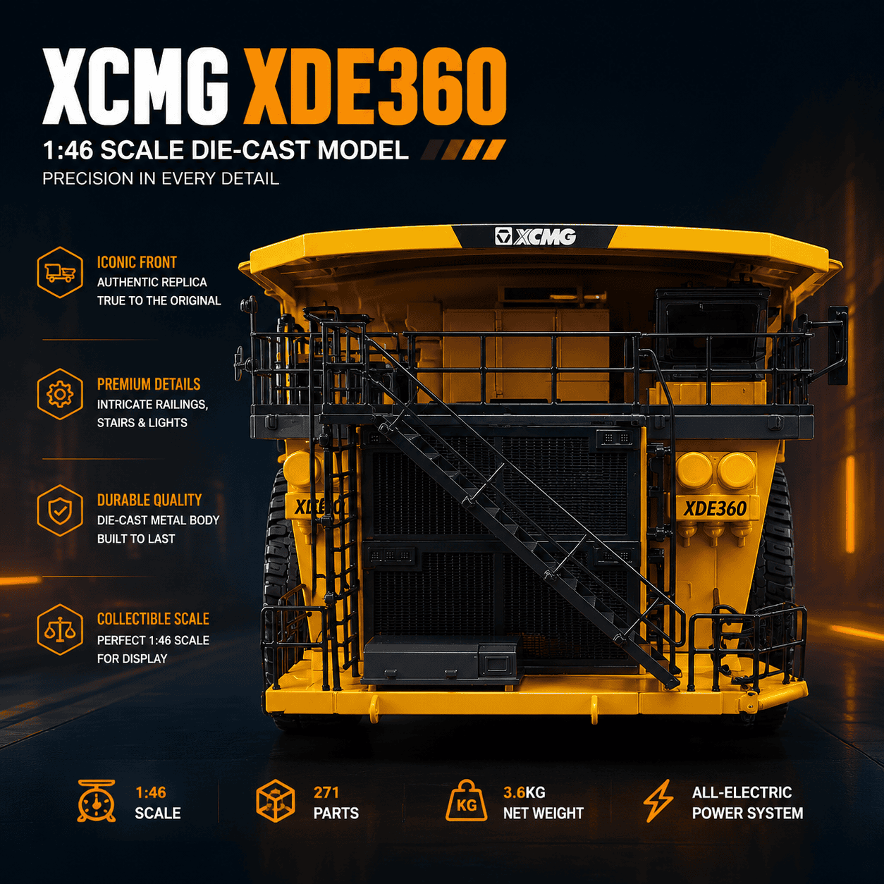 Front view of the 1:46 XCMG XDE360 mining dump truck model