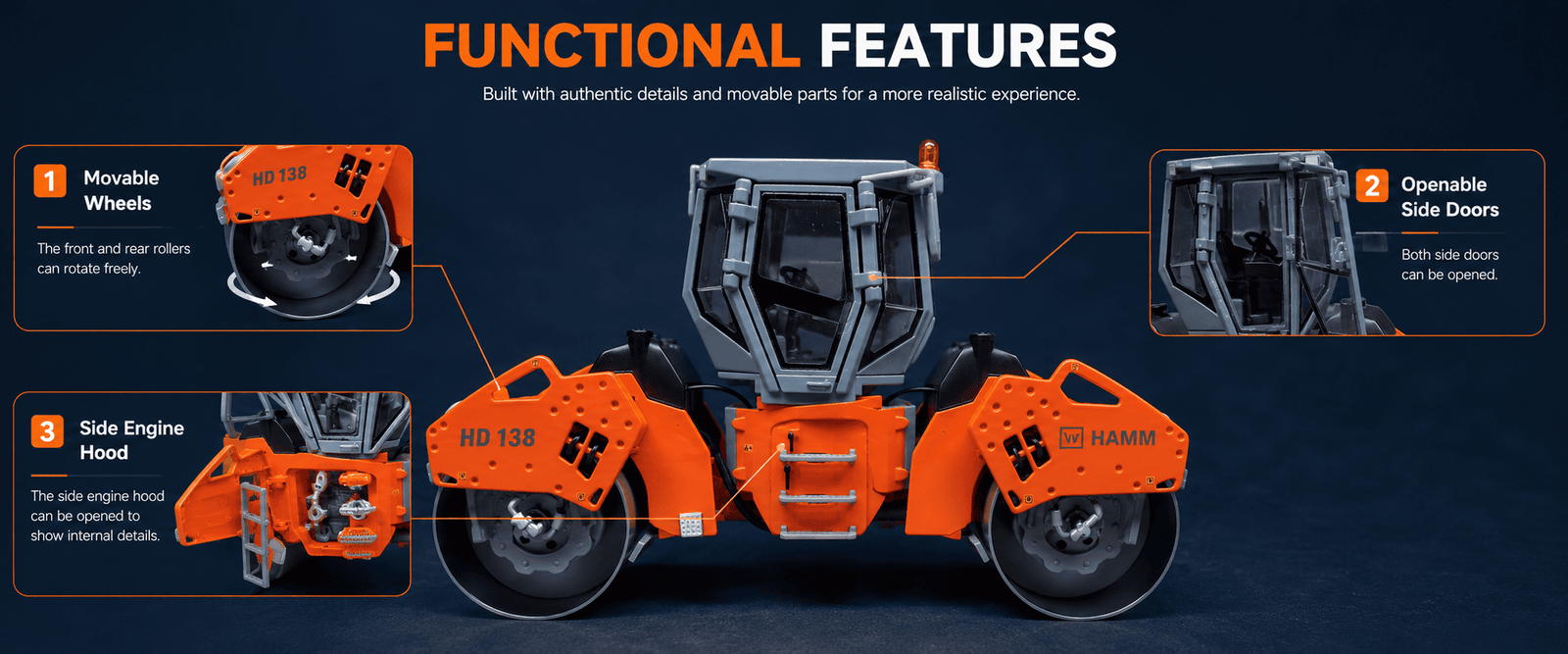 Functional features of HAMM HD138 diecast road roller model