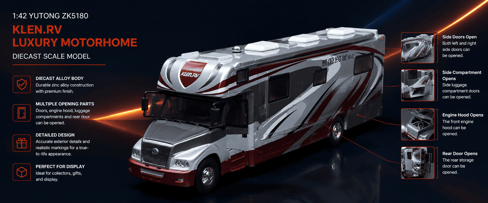 Opening functions of the Yutong ZK5180 Klen.RV luxury motorhome diecast model