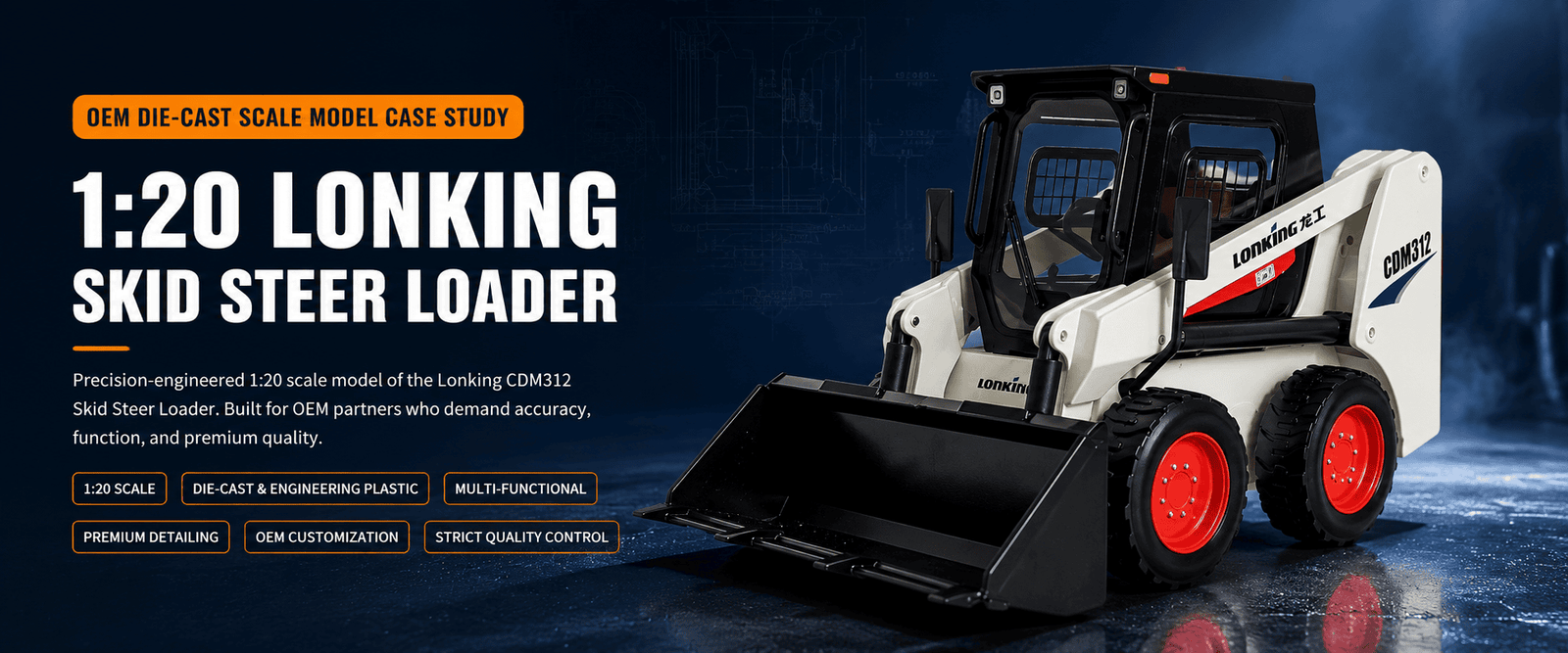 1:20 Lonking CDM312 skid steer loader diecast scale model developed for OEM display and promotional projects