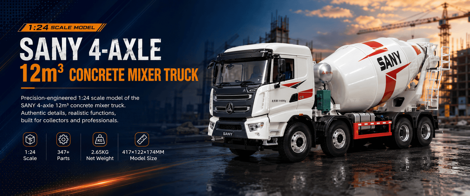 1:24 Scale SANY 4 Axle 12 Cubic Meter Concrete Mixer Truck Model