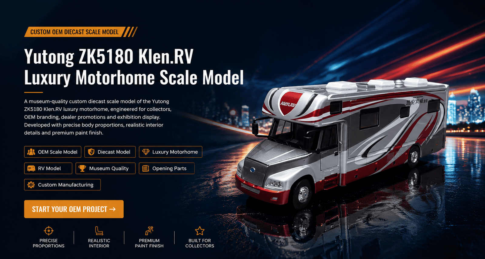 1:42 Yutong ZK5180 Klen.RV Luxury Motorhome Diecast Scale Model