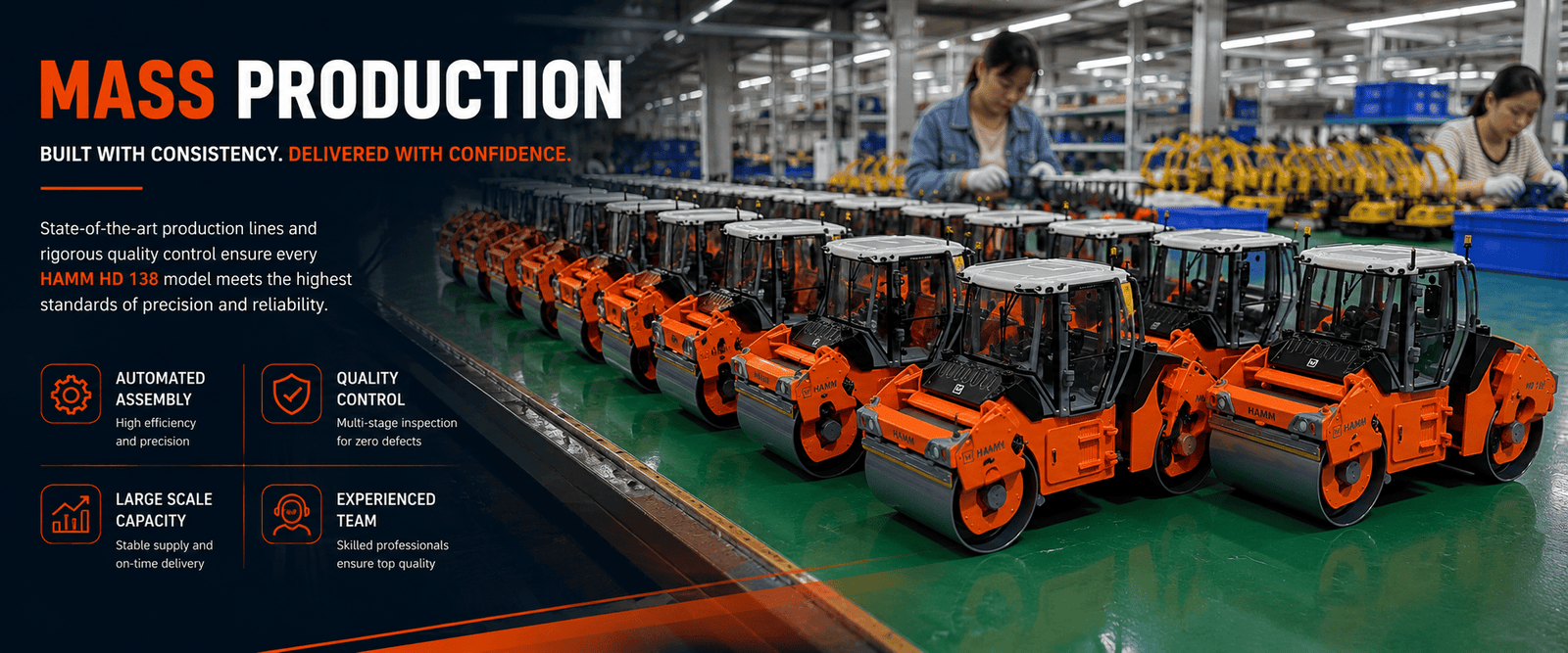 Mass production of custom HAMM HD138 road roller models in scale model factory