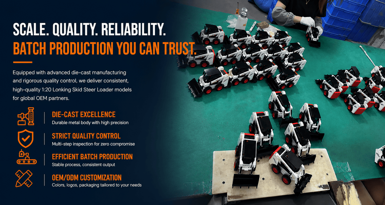 Factory batch production and inspection of 1:20 Lonking skid steer loader scale models