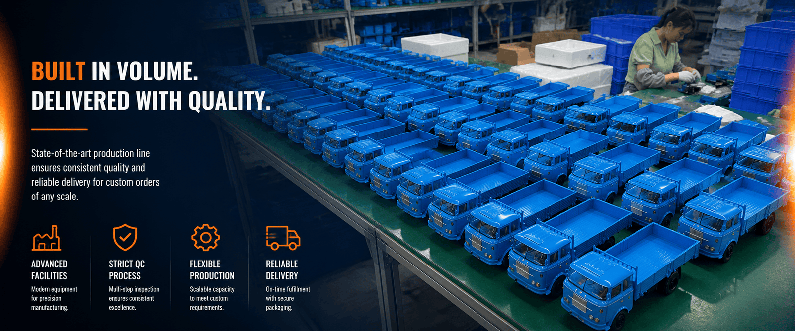 Mass production of blue 1:24 Sinotruk Huanghe cargo truck models in scale model factory