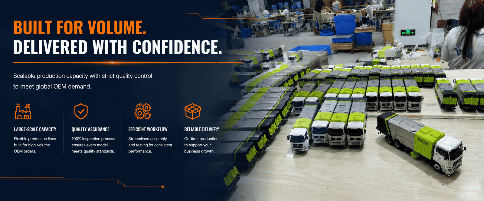 Mass production of custom Zoomlion road sweeper truck scale models in the factory