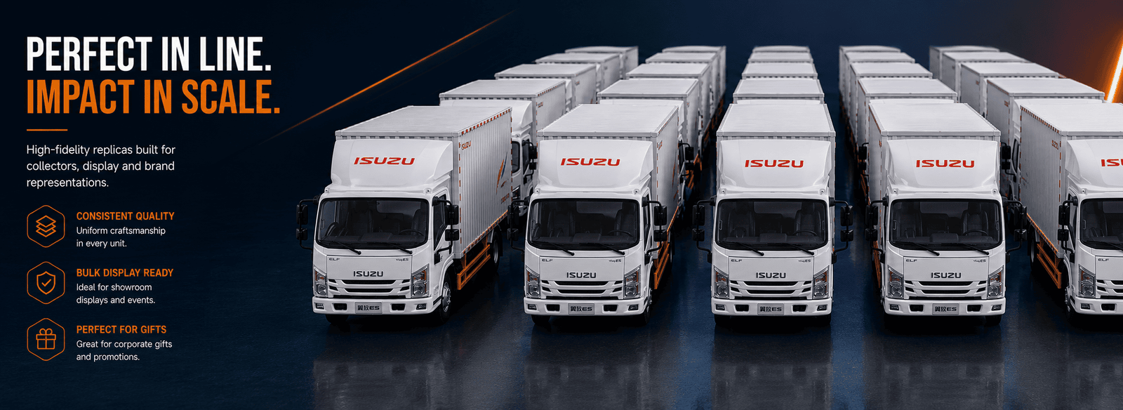 Rows of 1:18 Isuzu YiFang ES truck models prepared for display
