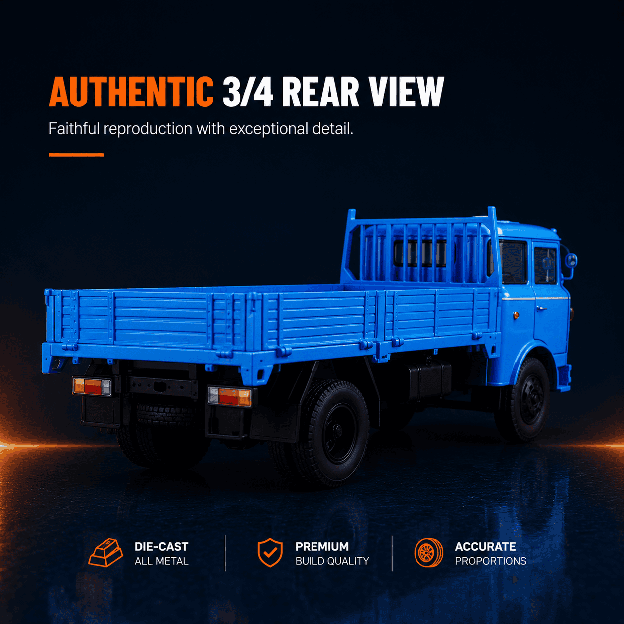 Rear three-quarter view of 1:24 Sinotruk Huanghe flatbed truck scale model