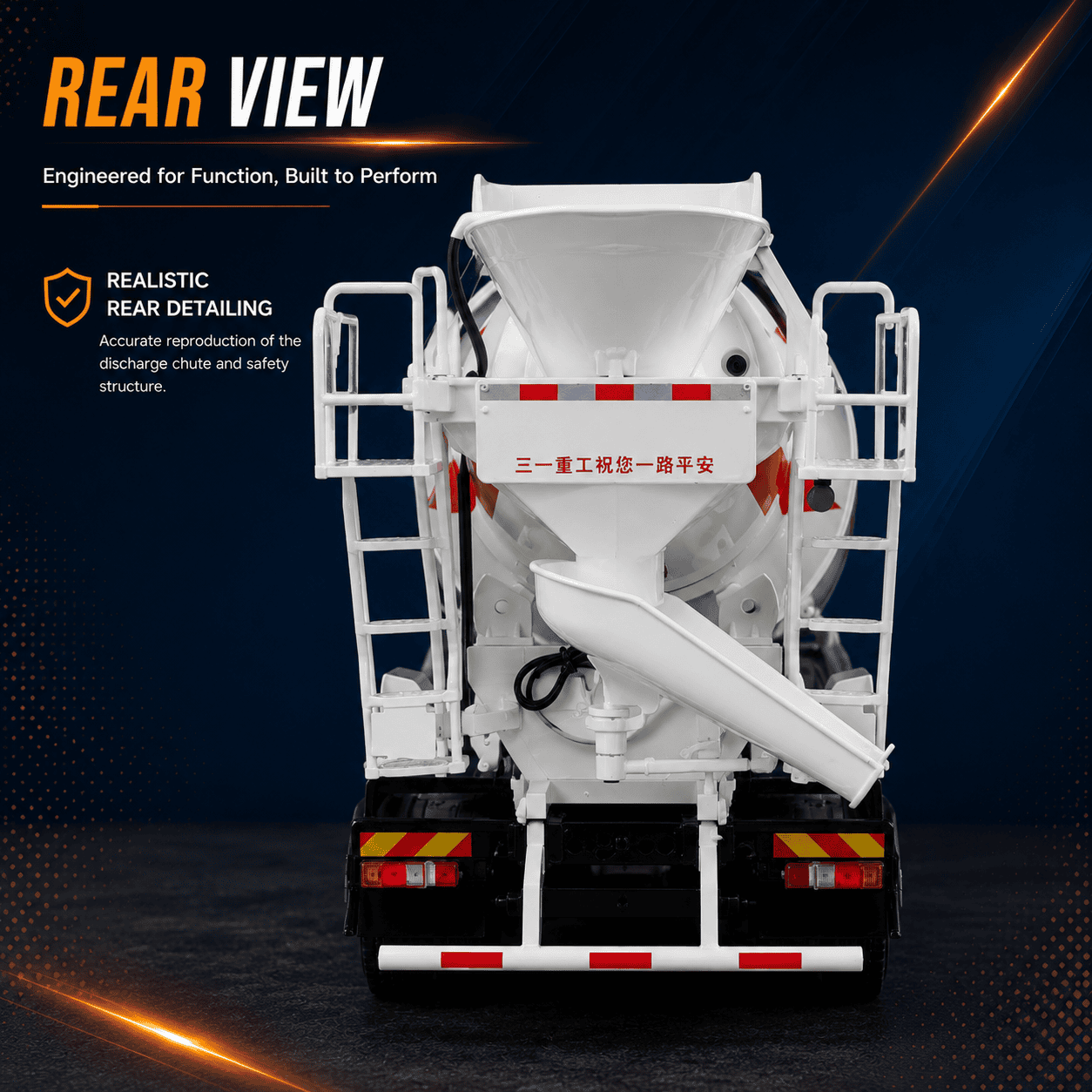 Rear view of 1:24 scale SANY concrete mixer truck model