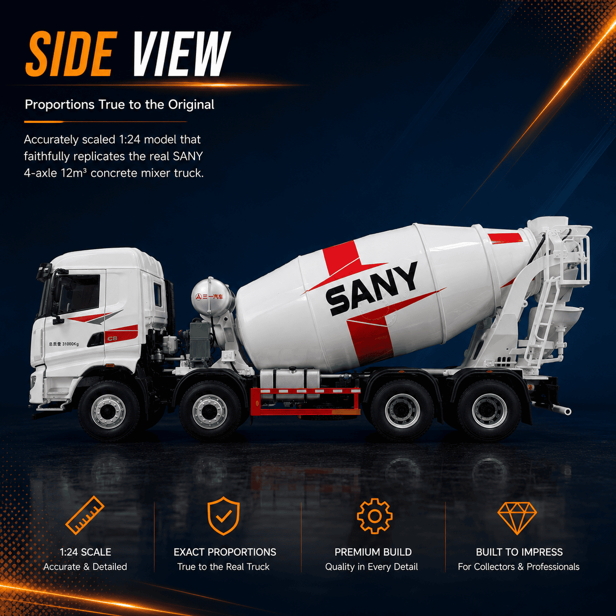 Side view of 1:24 scale SANY concrete mixer truck model