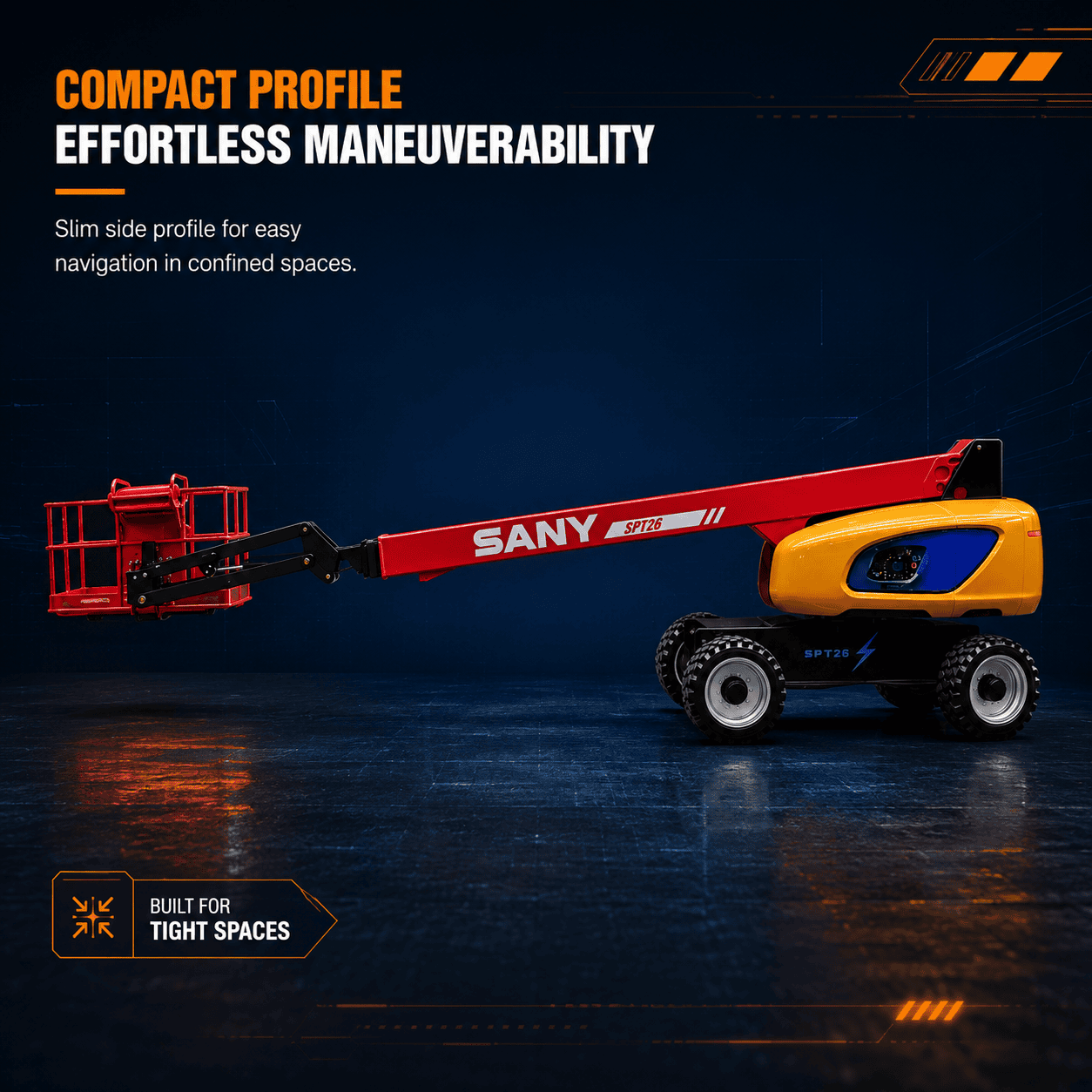 Side view of custom die-cast SANY boom lift scale model