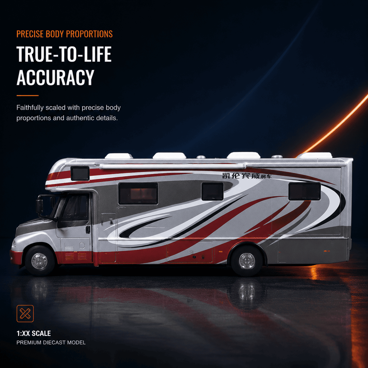 Side profile of the Yutong ZK5180 Klen.RV diecast motorhome model