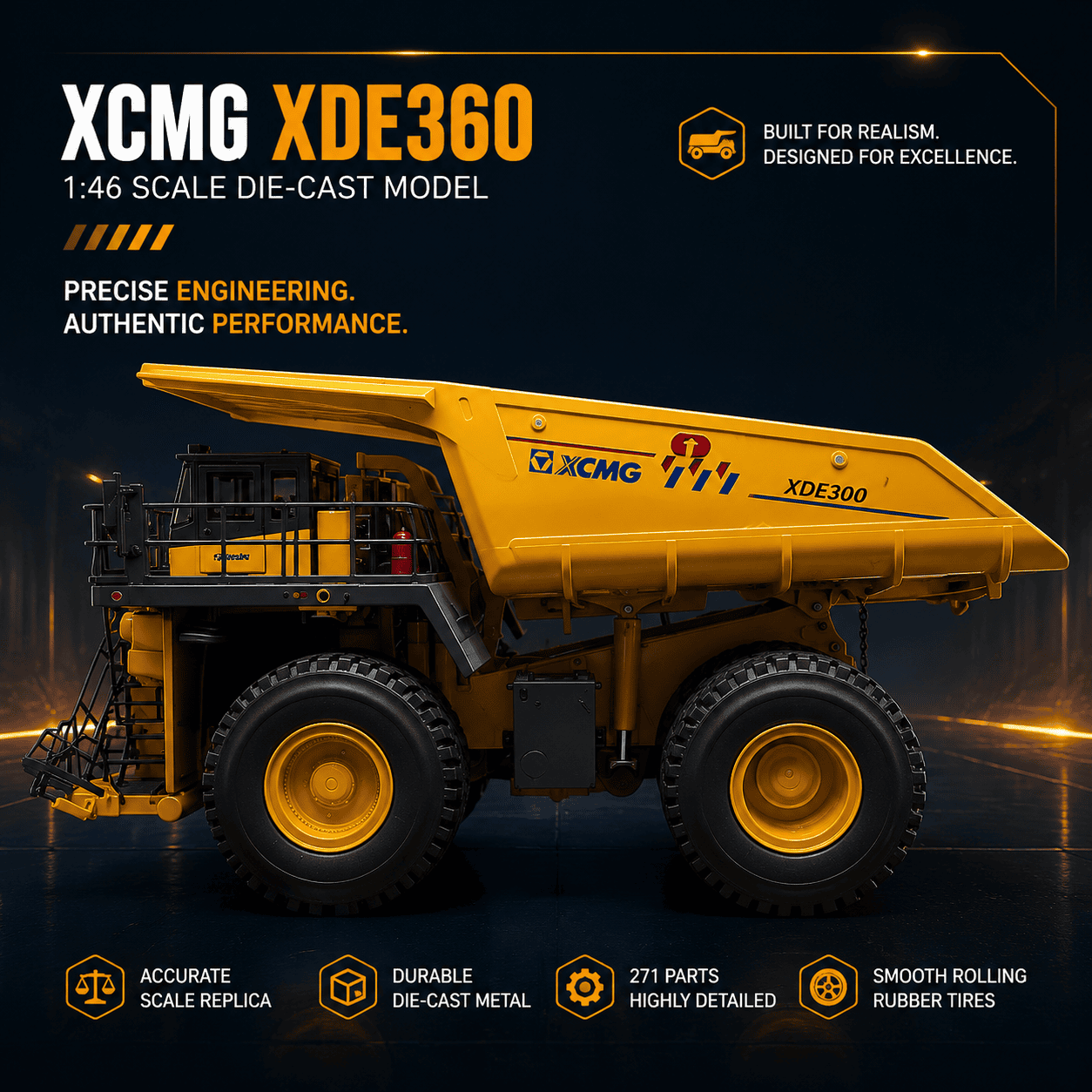 Side view of the XCMG XDE360 electric mining dump truck model