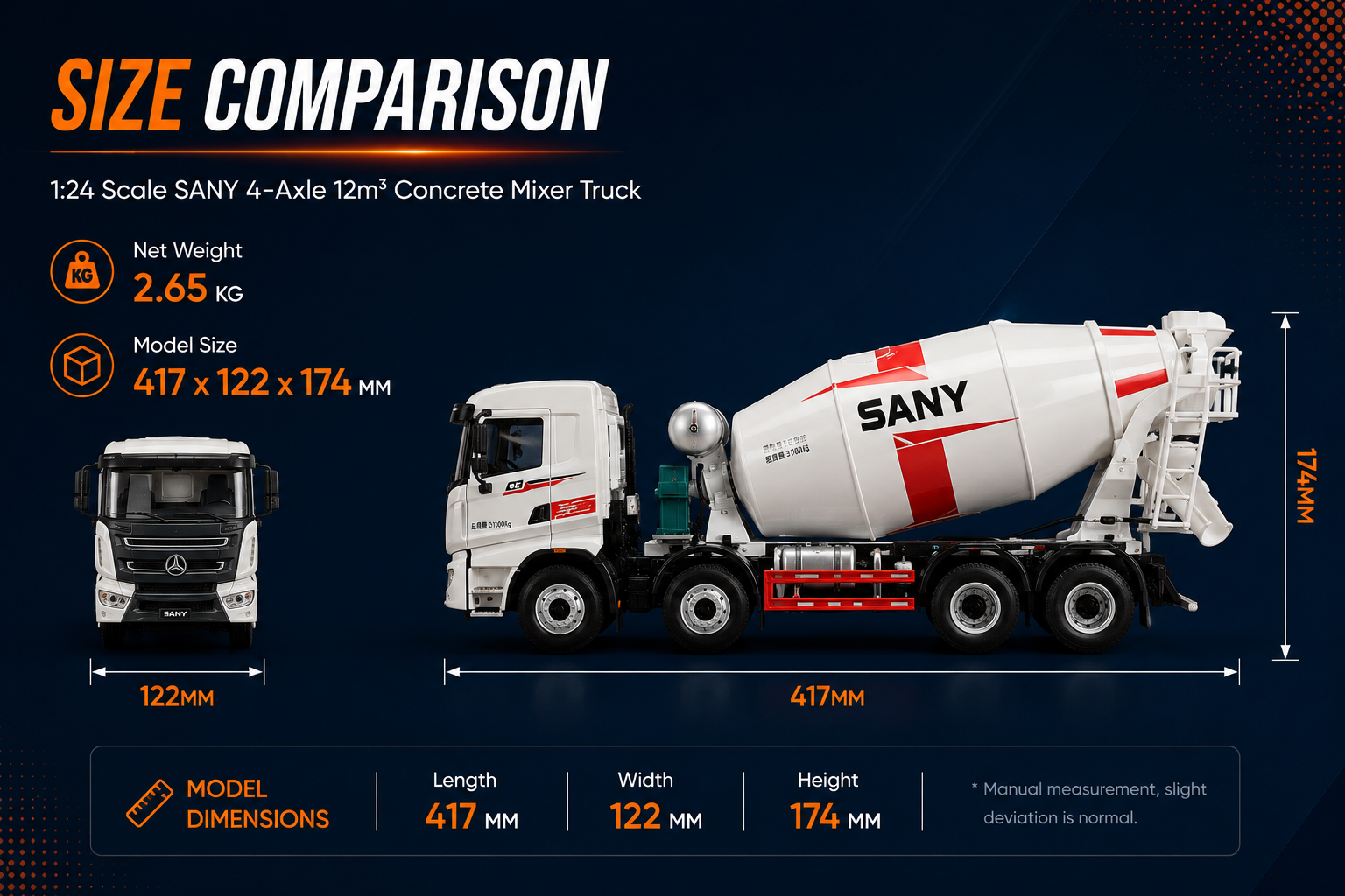 Size comparison of 1:24 scale SANY concrete mixer truck model