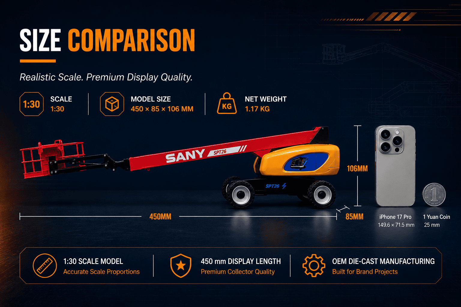 Size comparison of 1:30 SANY SPT26 telescopic boom lift model