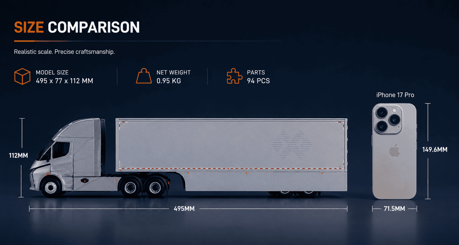 Size comparison of the 495 millimetre Deepway truck model with an iPhone 17 Pro