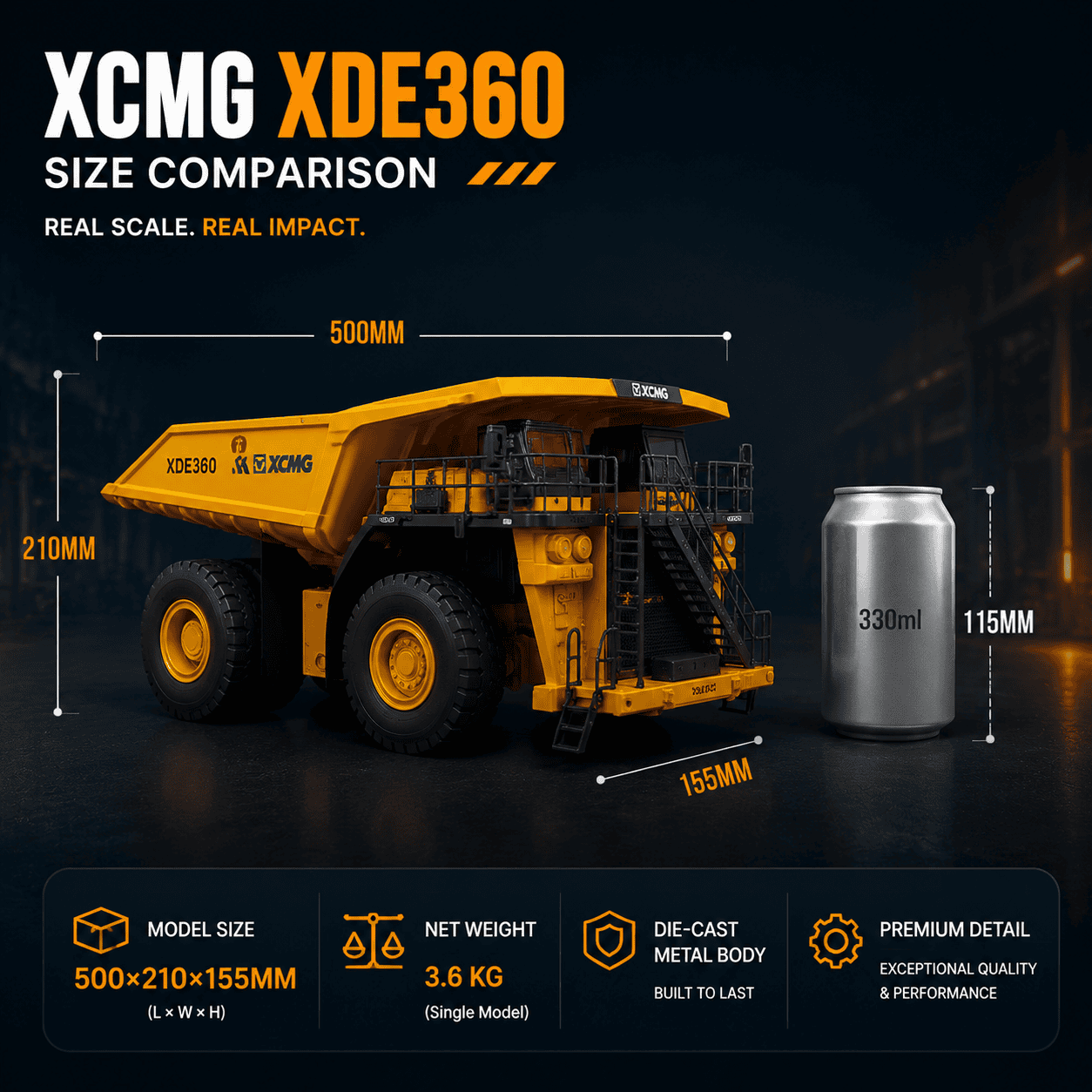 XCMG XDE360 scale model size comparison showing 500 by 210 by 155 millimetres