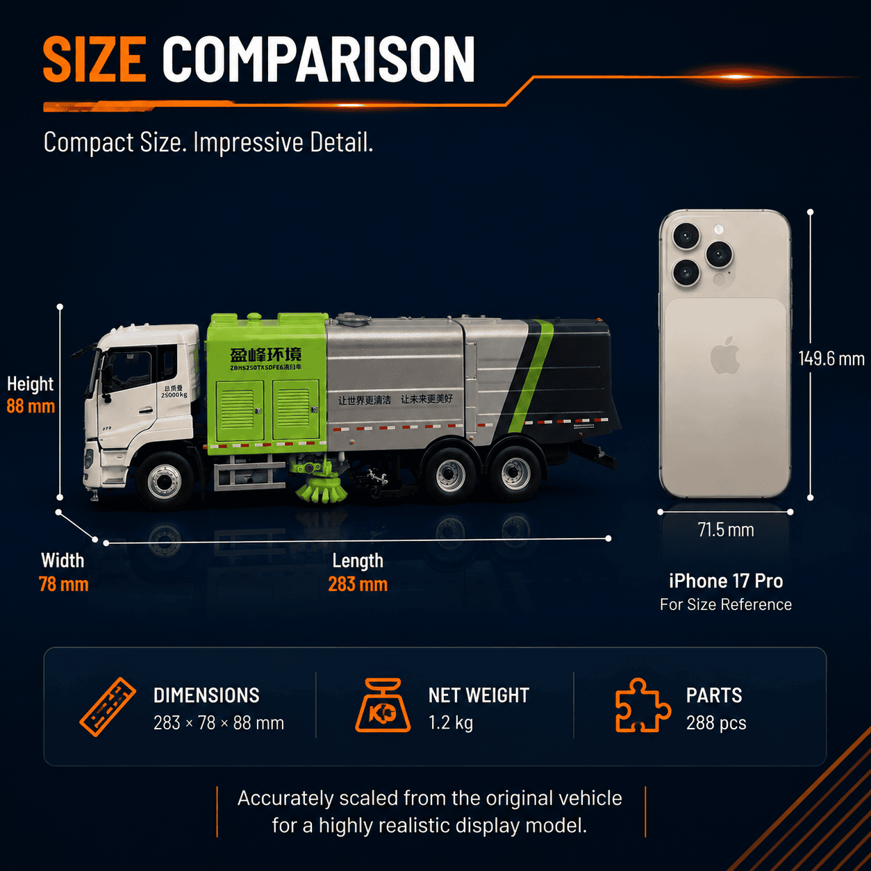 Size comparison of the 1:38 Zoomlion road sweeper model measuring 283 by 78 by 88 millimetres