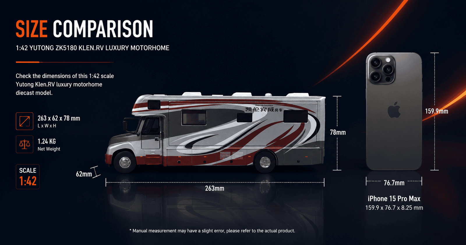 Size comparison and dimensions of the 1:42 Yutong ZK5180 Klen.RV scale model